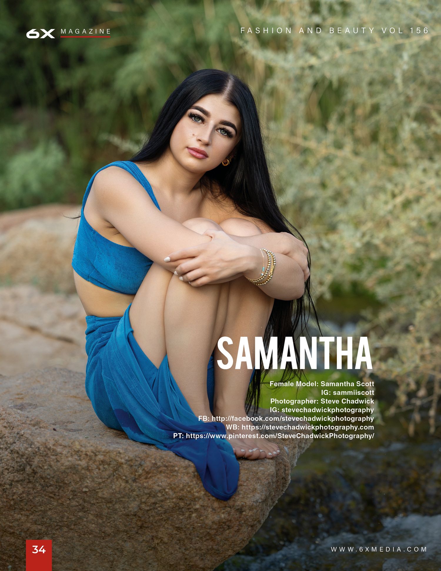 Model Samantha in blue outfit poses on rocks for 6X Magazine fashion and beauty editorial.