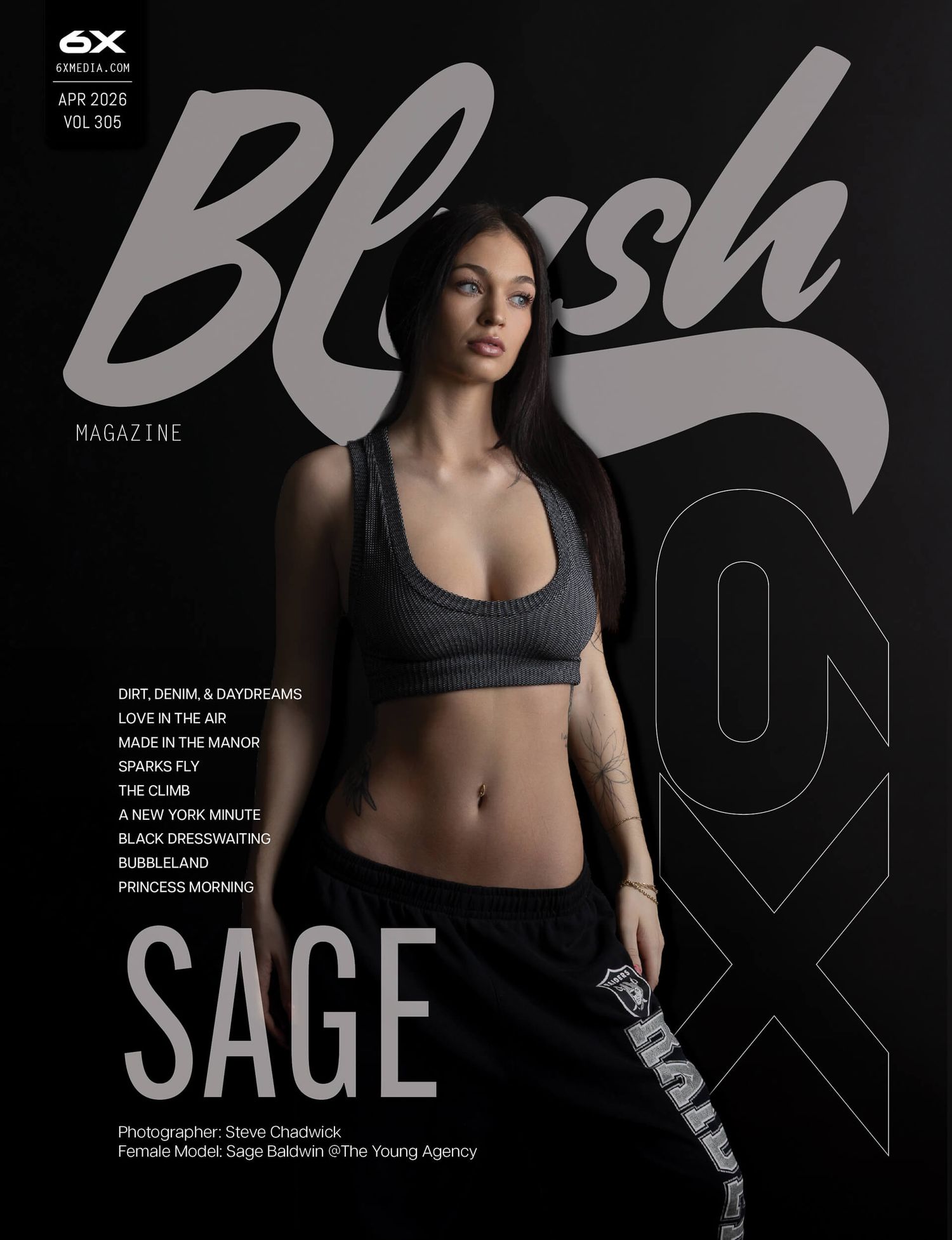 Sage Baldwin on Blush Magazine April 2026 cover in gray sports bra and black pants.