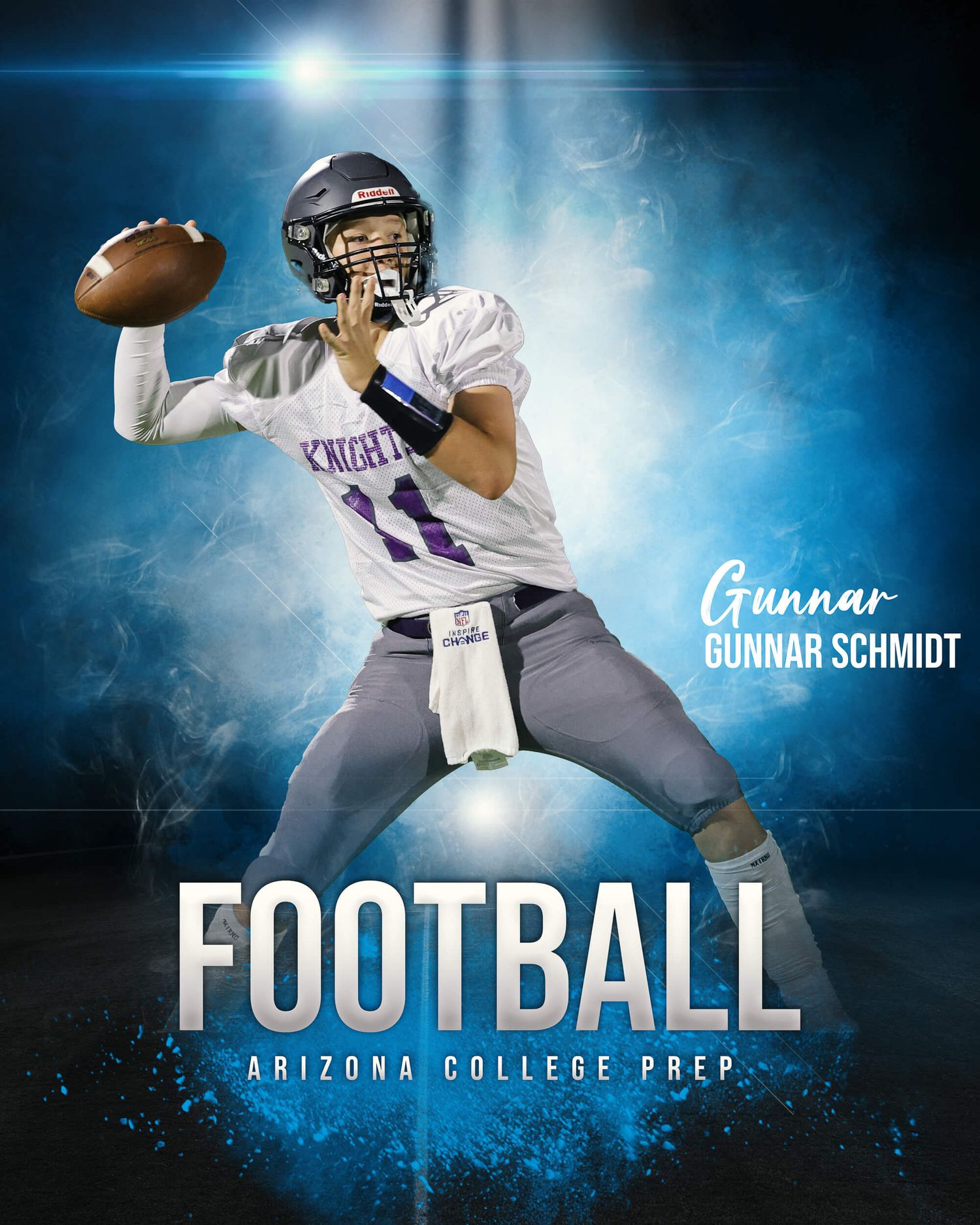 Football player Gunnar Schmidt #11 in white Knights jersey poses throwing a football for Arizona College Prep promotional photo.