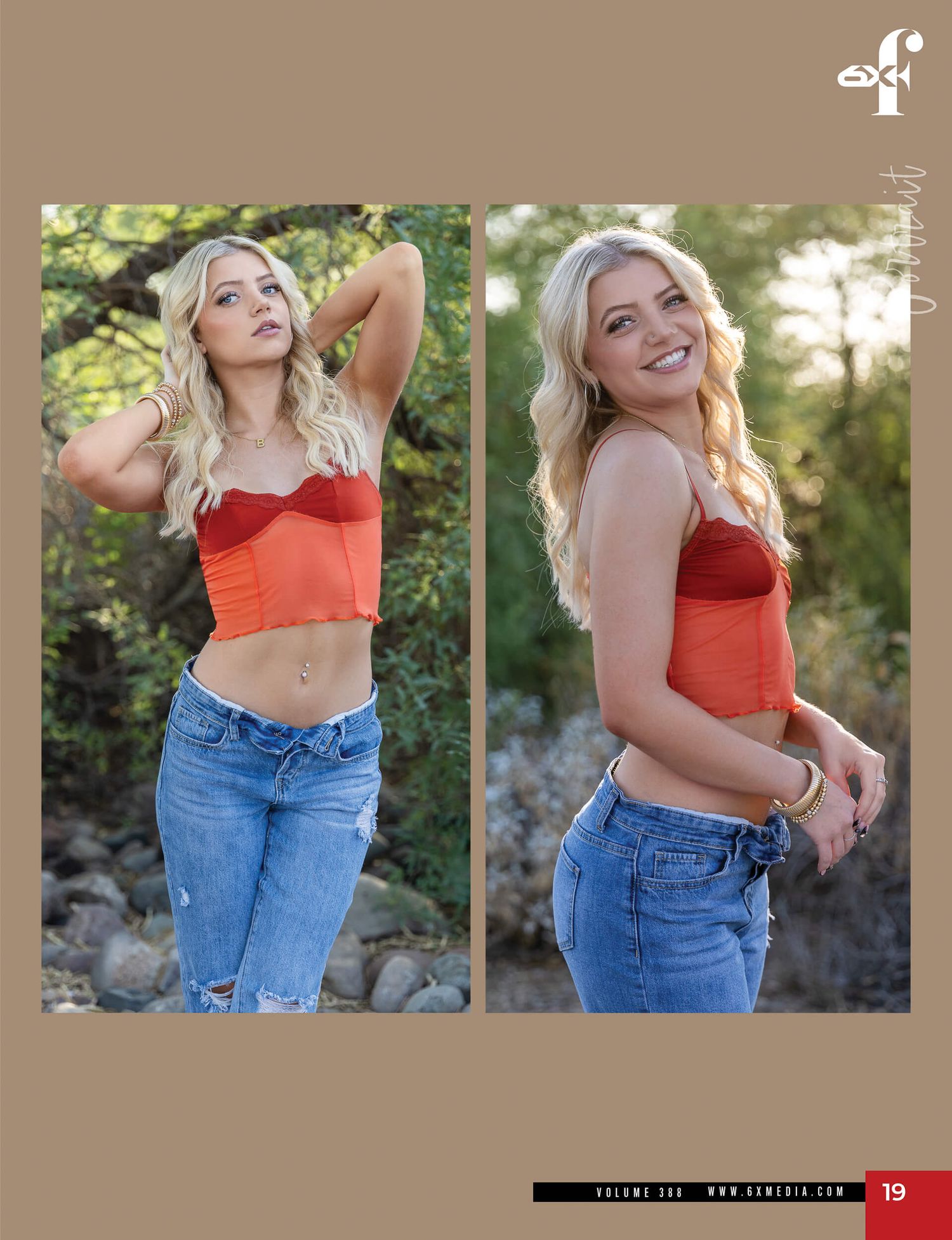Blonde woman in orange and red crop top with jeans posing outdoors.