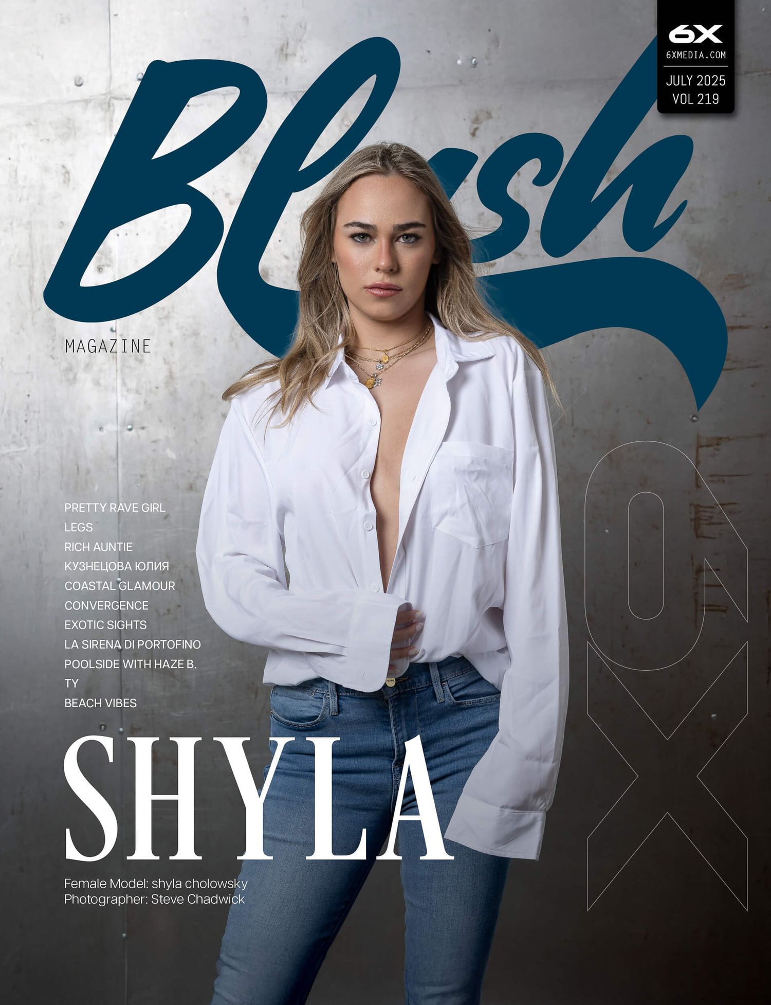 Blonde model Shyla Chokowsky in white oversized shirt and jeans on Blush Magazine July 2025 cover.