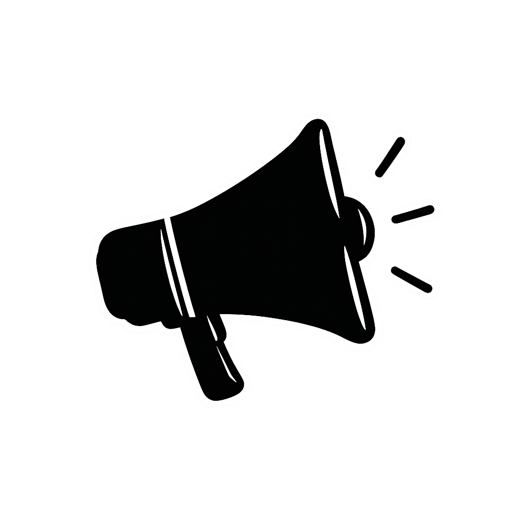 Black megaphone loudspeaker icon with sound waves, bold silhouette design for announcements and promotions.
