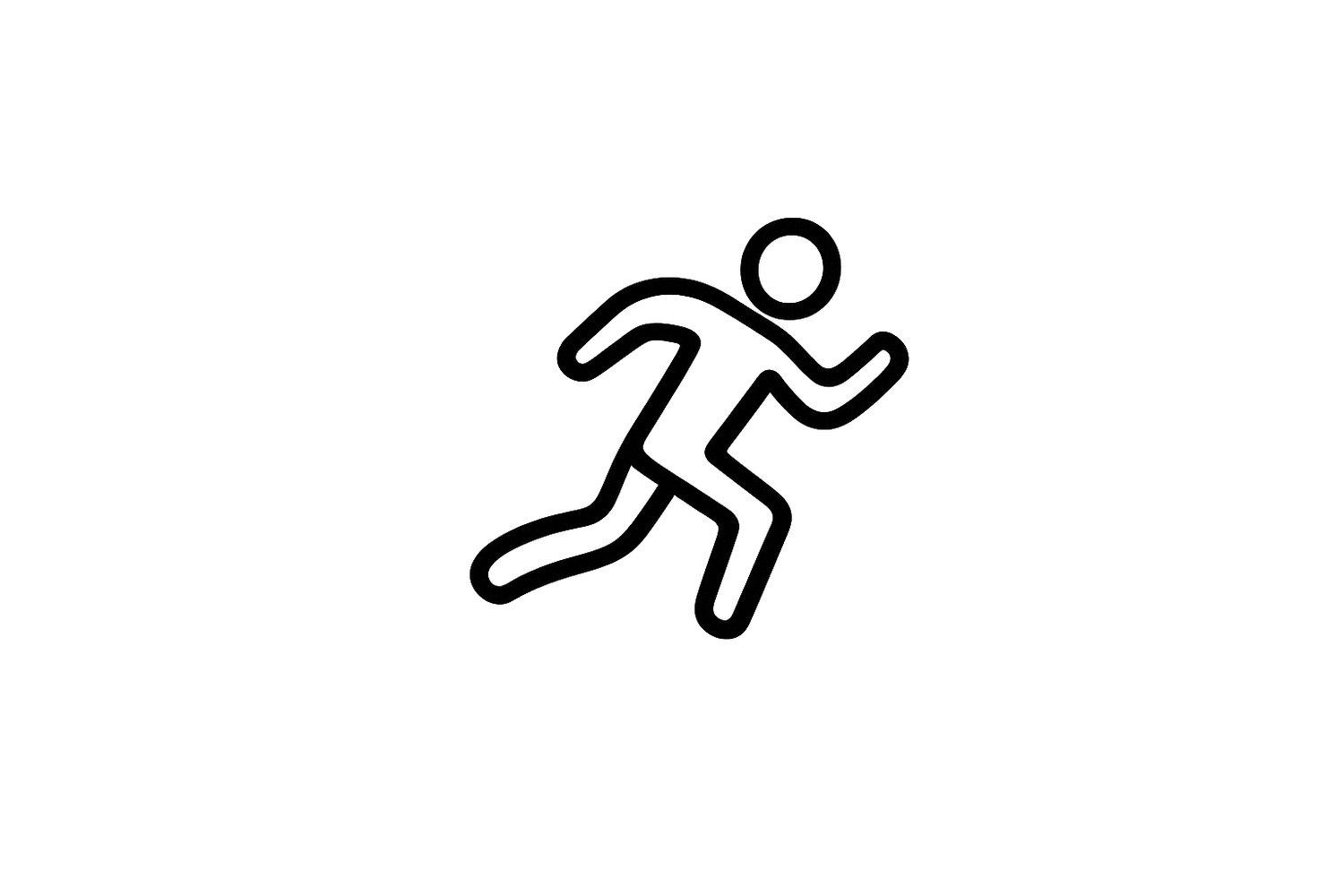 Black outline icon of a running person in motion, depicting an athletic figure mid-stride on white background.