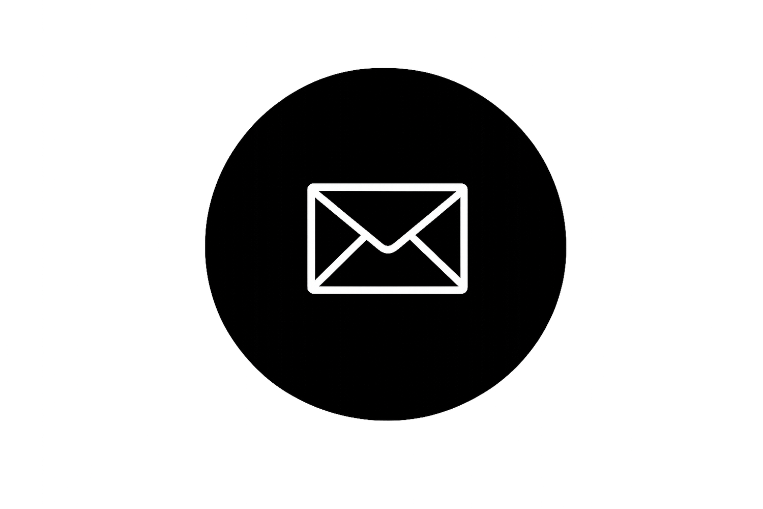 Black circular email icon with white envelope symbol centered on white background.
