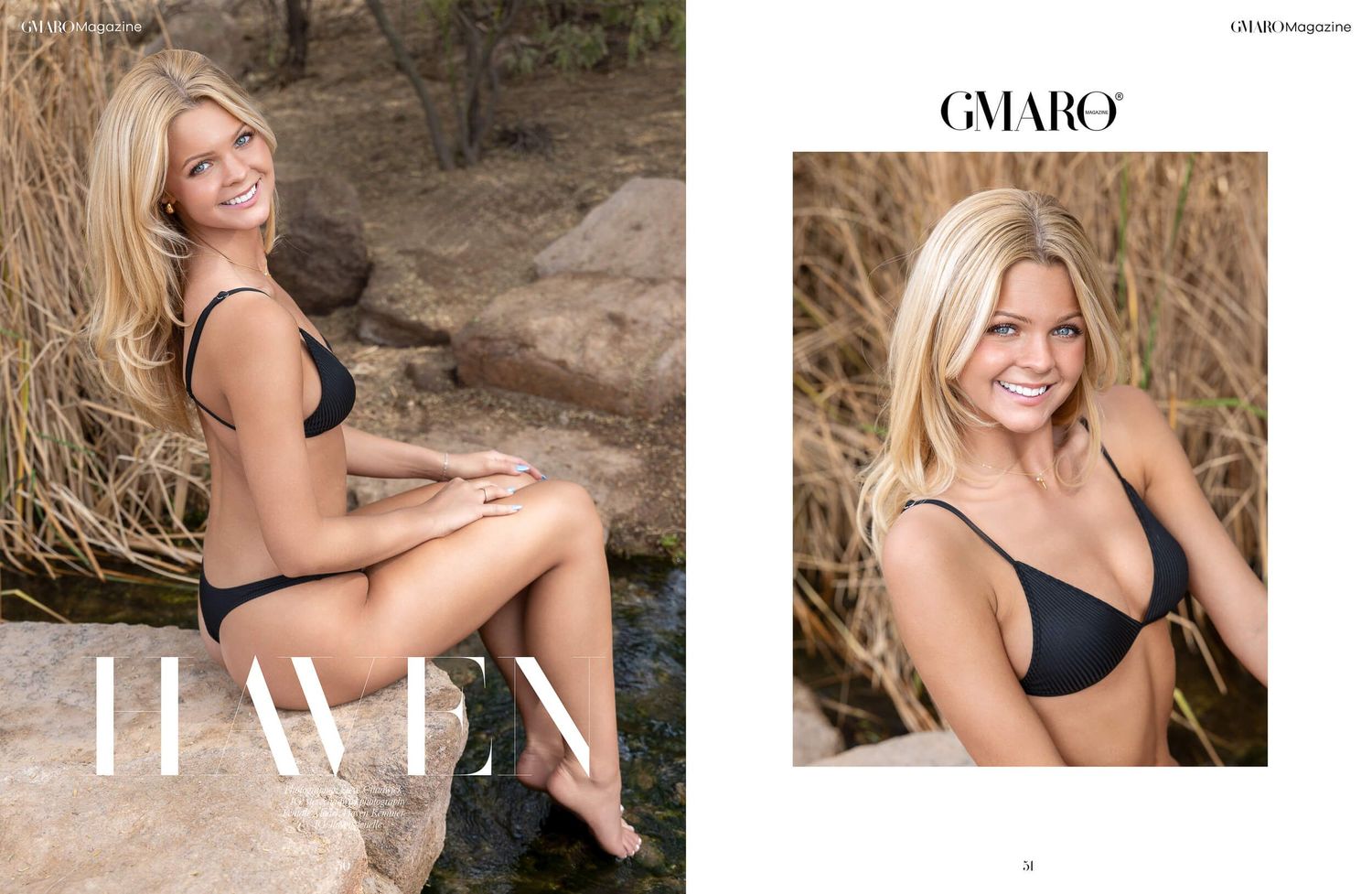 Smiling blonde woman in black bikini posing on rocks in GMARO magazine fashion editorial spread.