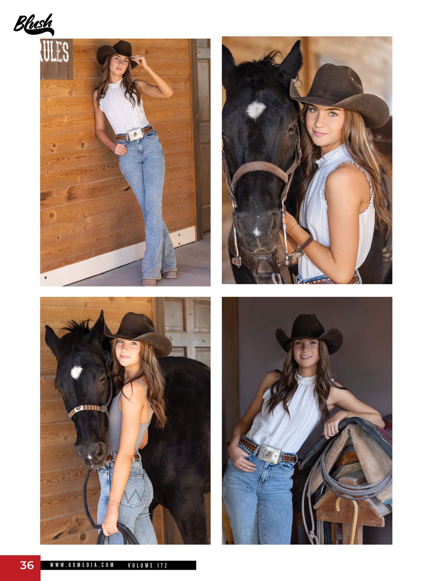 Western model in cowboy hat and jeans poses with black horse for Blesh magazine spread.