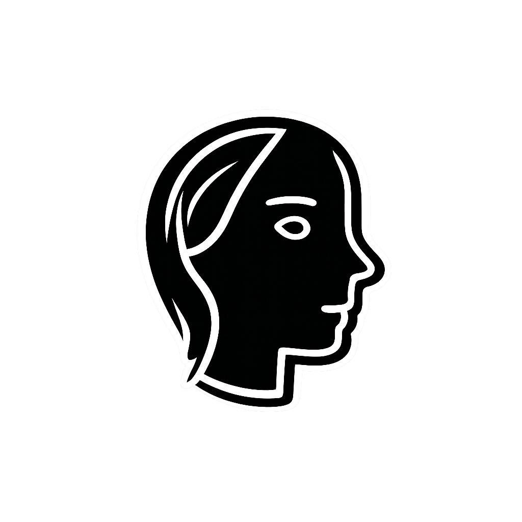 Black silhouette icon of a woman's head in profile view with flowing hair, minimalist design on white background.