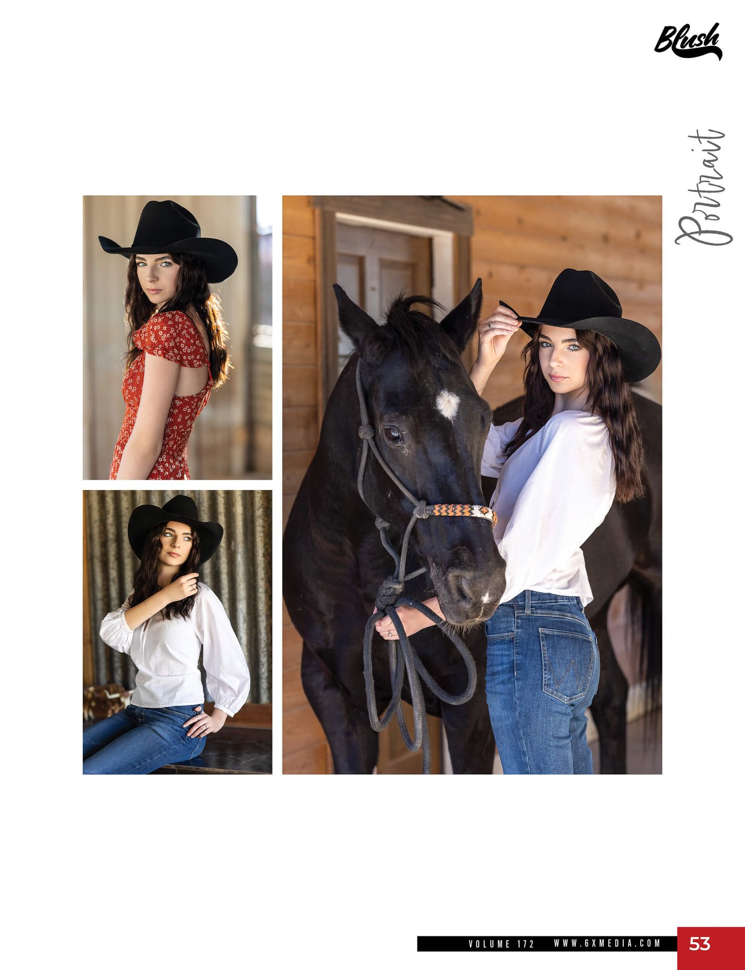 Western fashion model in cowboy hat poses with black horse in stable for Blesh magazine.