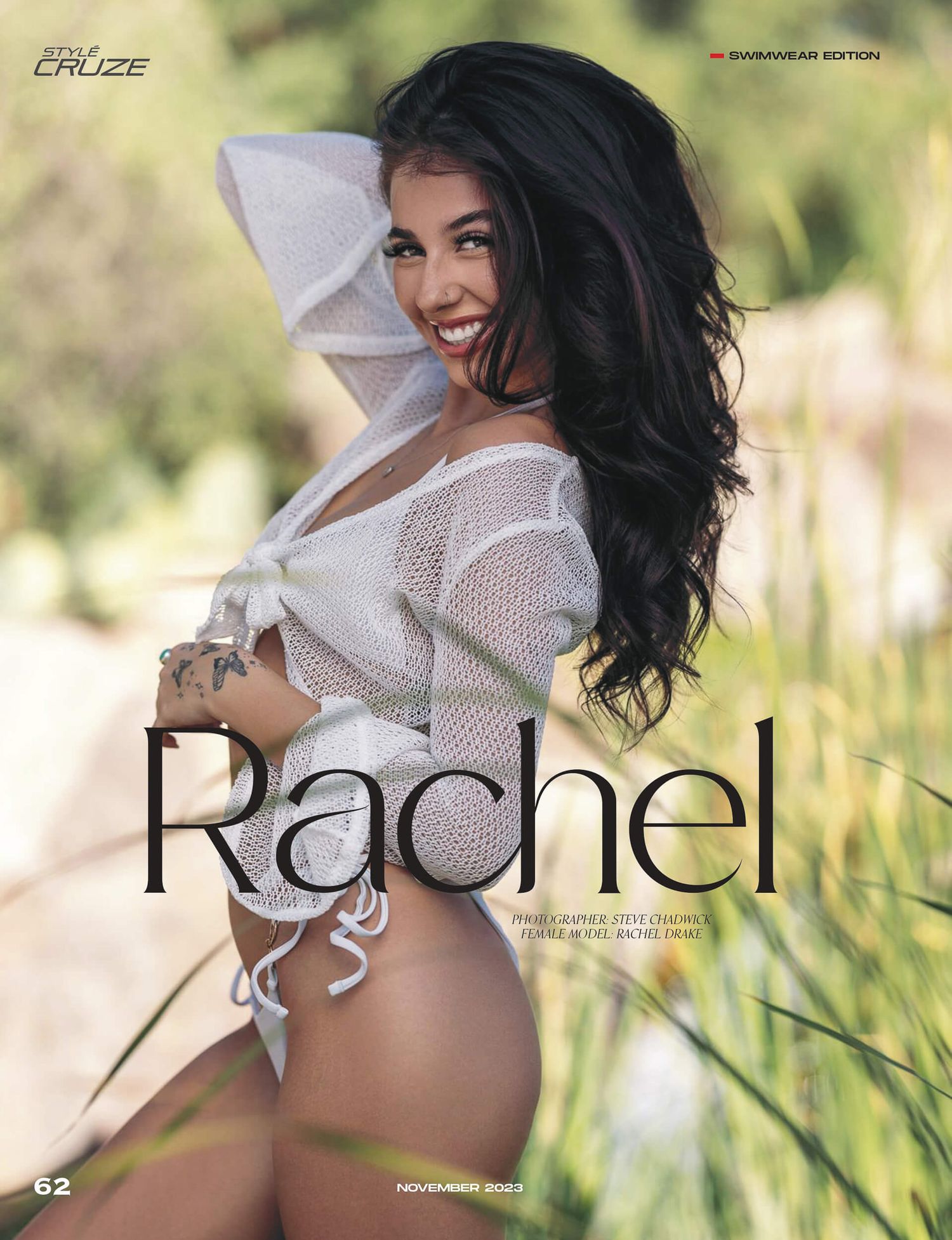 Rachel poses in a white knit top and bikini bottoms outdoors in a swimwear magazine editorial.