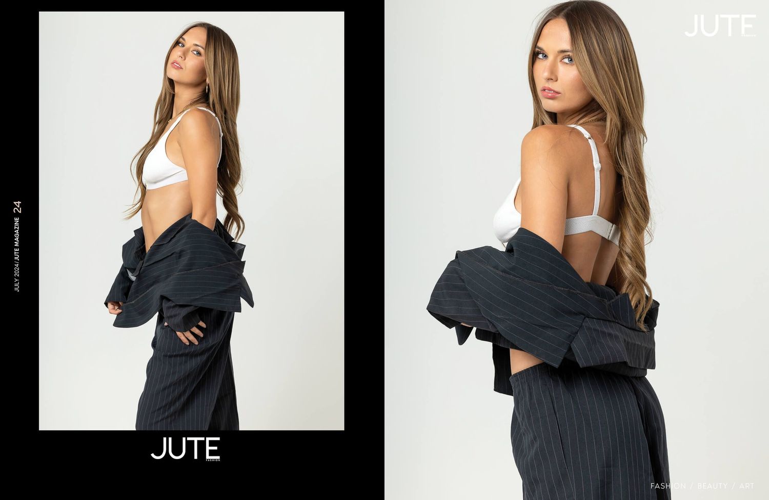 Female model poses in white bralette and black pinstripe wide-leg trousers for Jute fashion brand campaign.