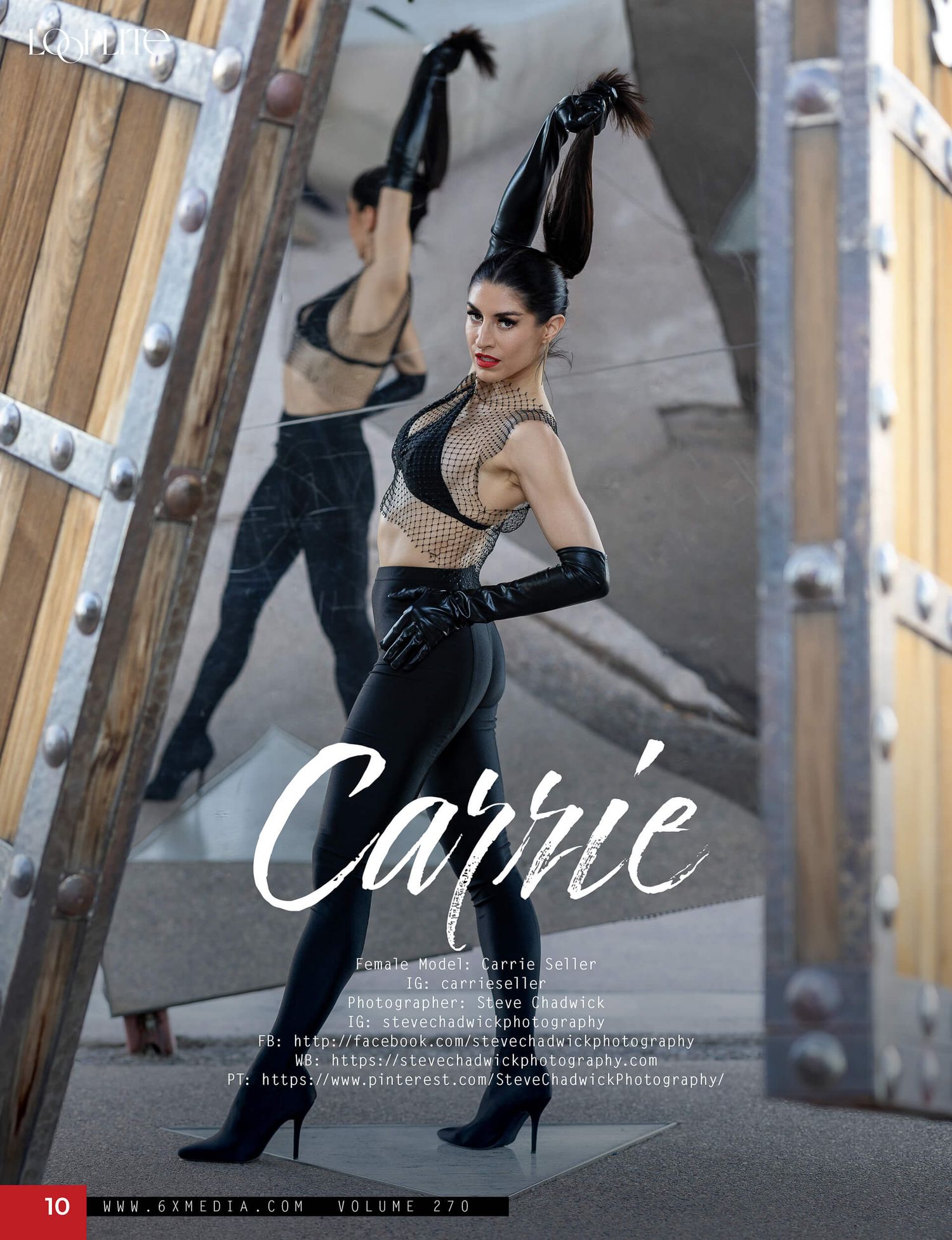 Model Carrie Lafleur in black fishnet and leather outfit poses for KN Media magazine feature.