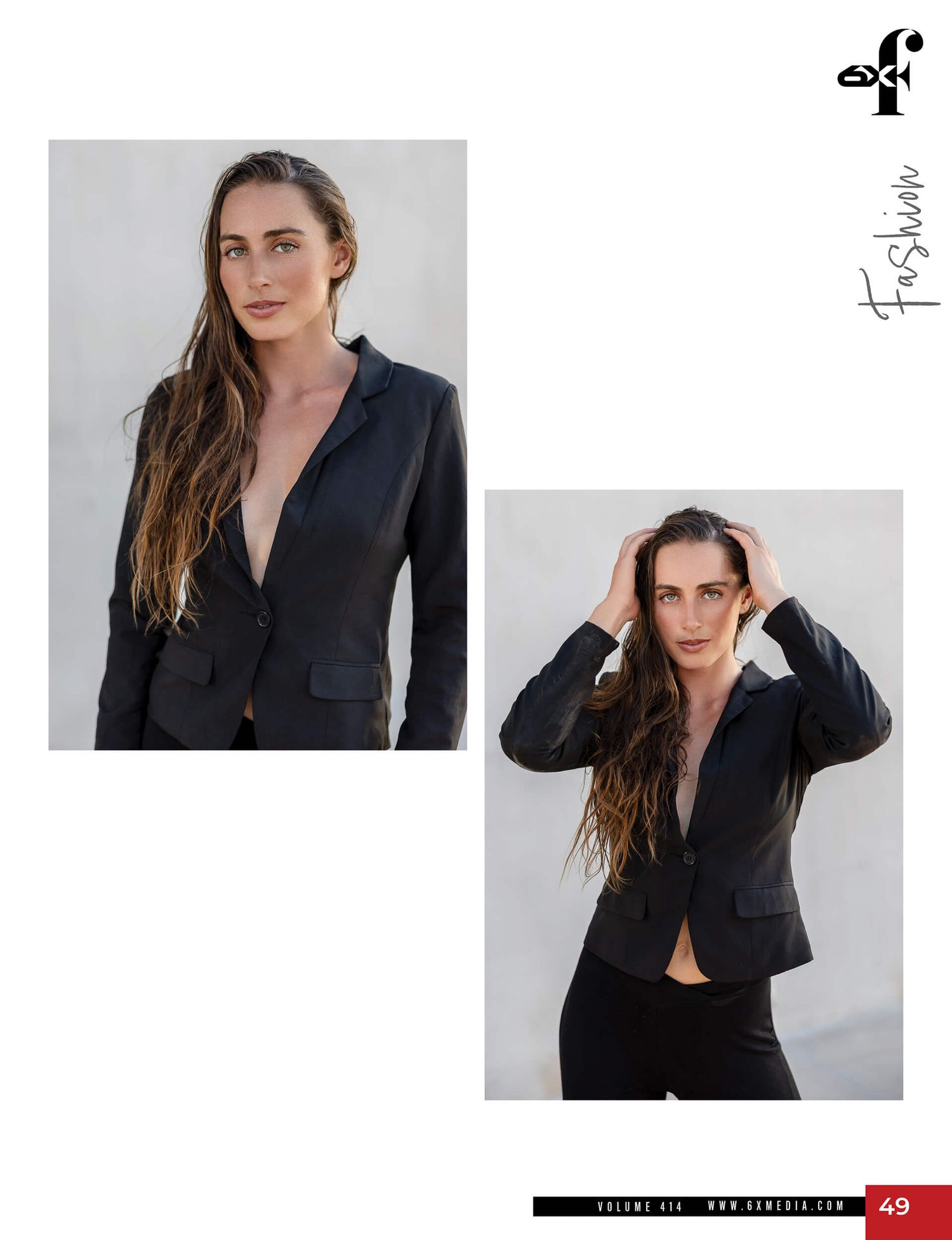 Woman modeling black blazer suit in two fashion poses against white wall.