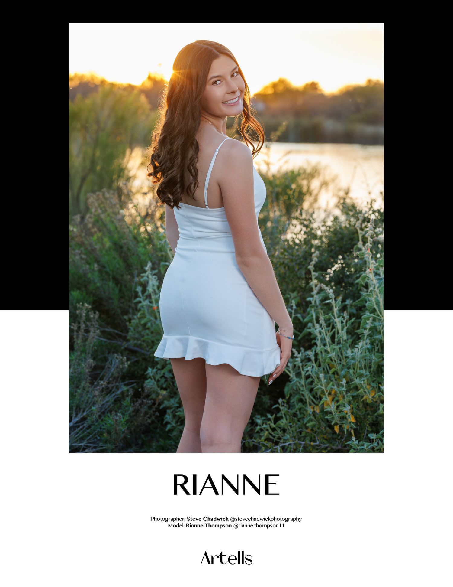 Model Rianne in white mini dress stands in sunset garden for Artells photography feature.
