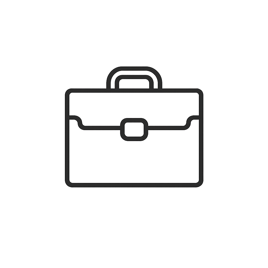 Minimalist briefcase icon with handle and clasp, outline style business portfolio symbol on white background.