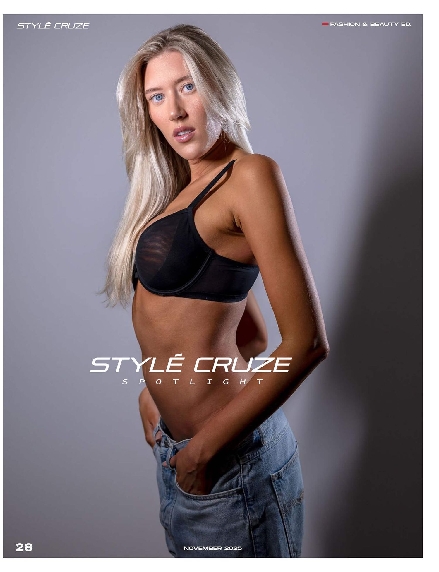 Blonde model in sheer black bralette and jeans featured in Style Cruze Spotlight November 2023.