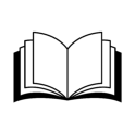 Black and white icon of an open book with pages fanned out, symbolizing reading, education, and knowledge.