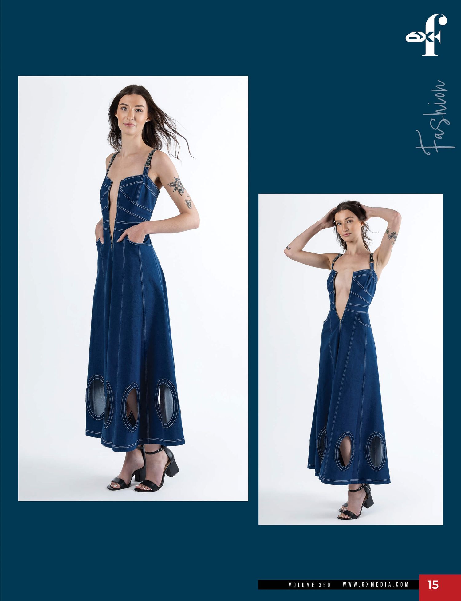 Tall brunette model showcases deep V-neck denim maxi dress with cutout details in Genesis fashion editorial.
