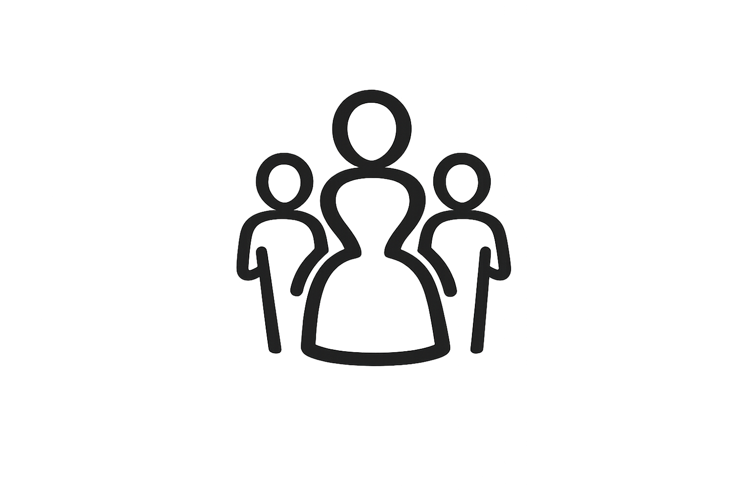 Simple outline icon of three people representing a group or team on white background.