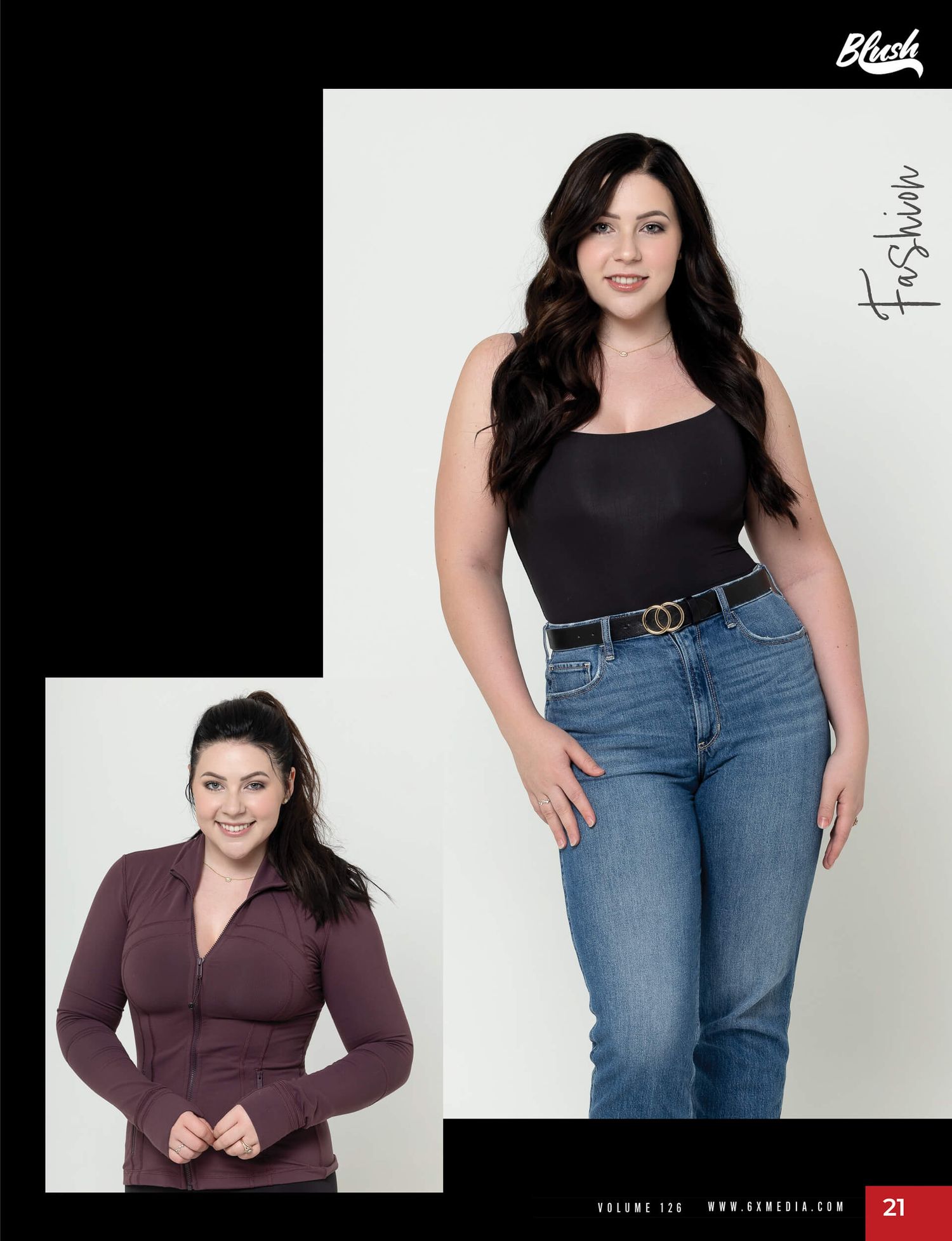 Plus-size woman modeling black bodysuit with jeans and dark burgundy ribbed top.