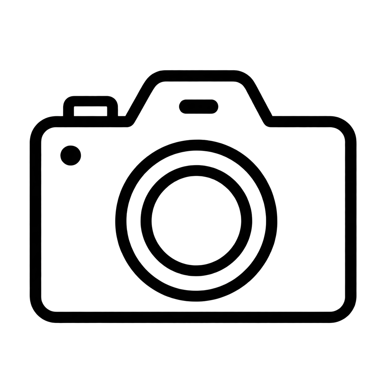 Black and white outline icon of a digital camera with lens, viewfinder, and shutter button on white background.