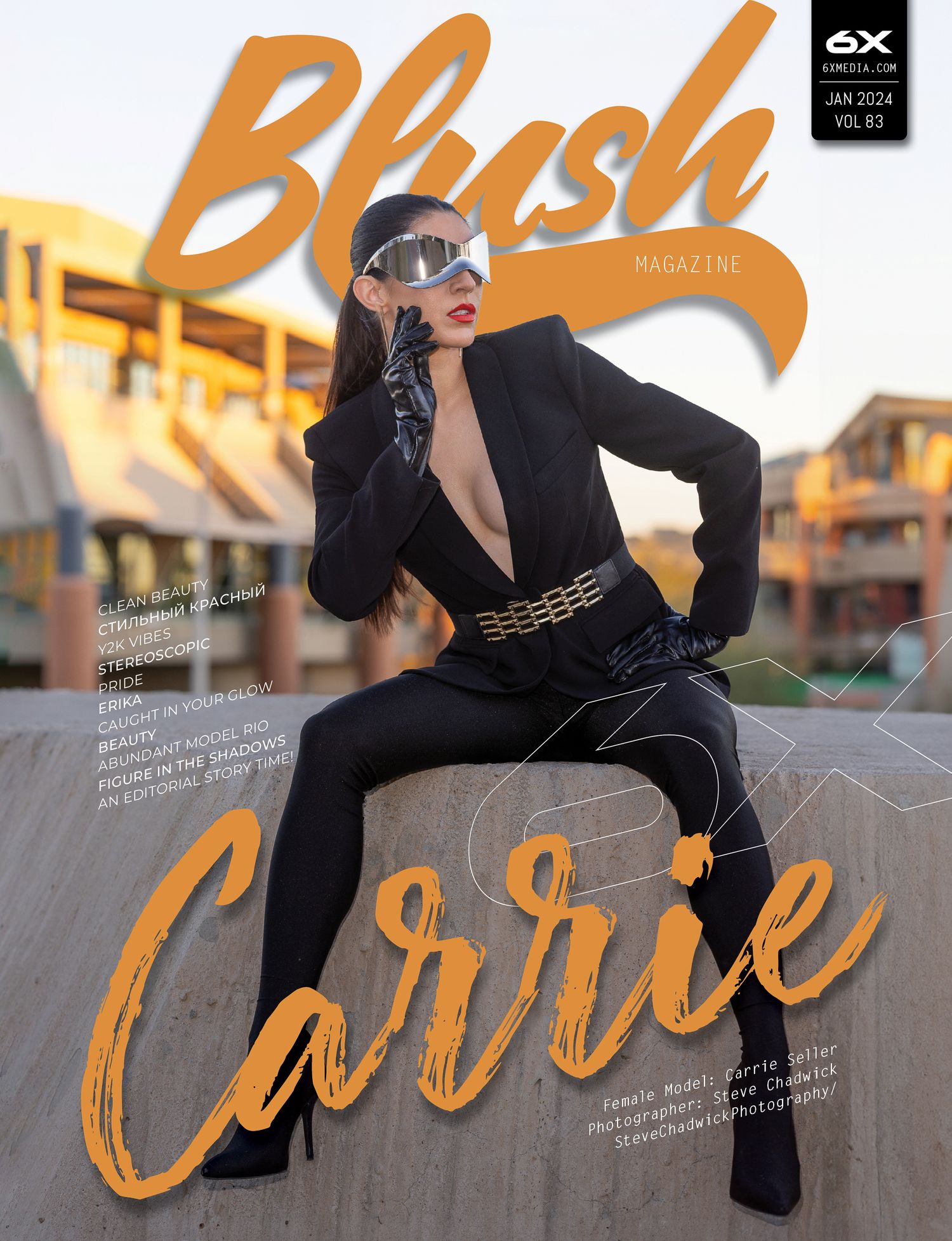Carrie poses in black suit on Blush Magazine January 2024 cover.