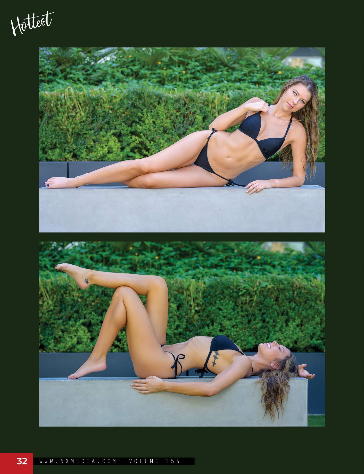 A model poses in a black bikini on a concrete ledge surrounded by green hedges.