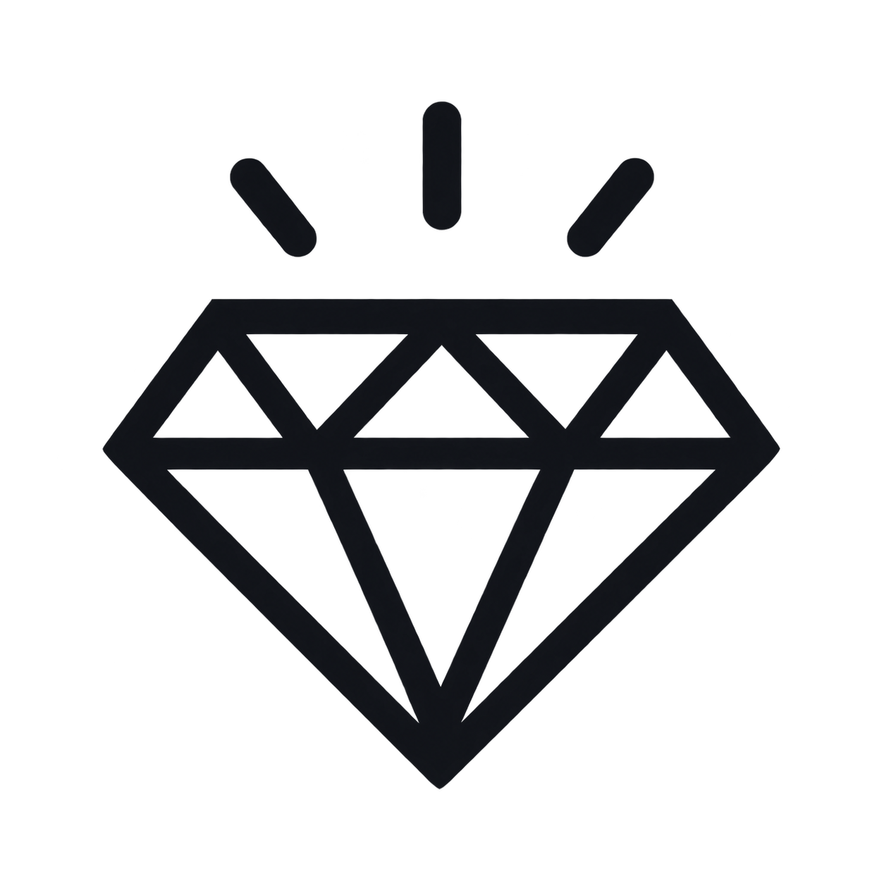 A minimalist black line art icon of a sparkling diamond gemstone with shine rays, symbolizing luxury and premium quality.