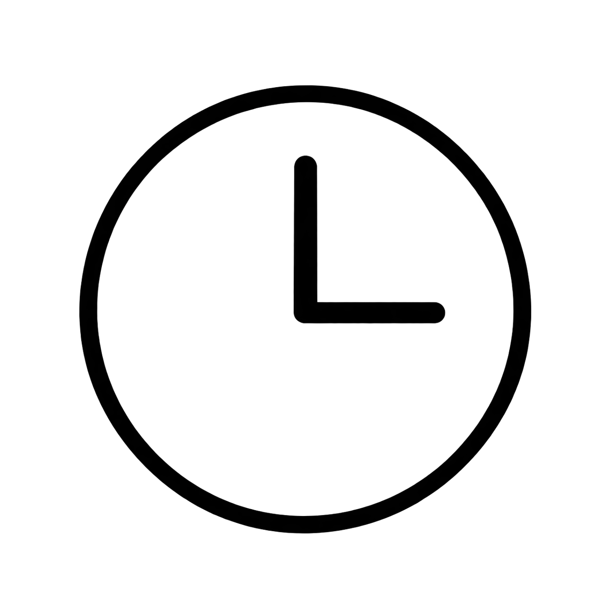 Minimalist black and white clock icon with bold circular outline showing time at 3 o'clock position.