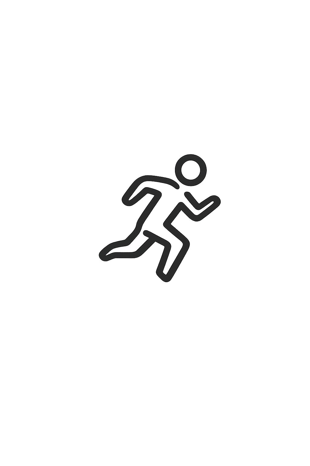 A minimalist running figure icon in dark outline style, depicting a person in motion on a white background.