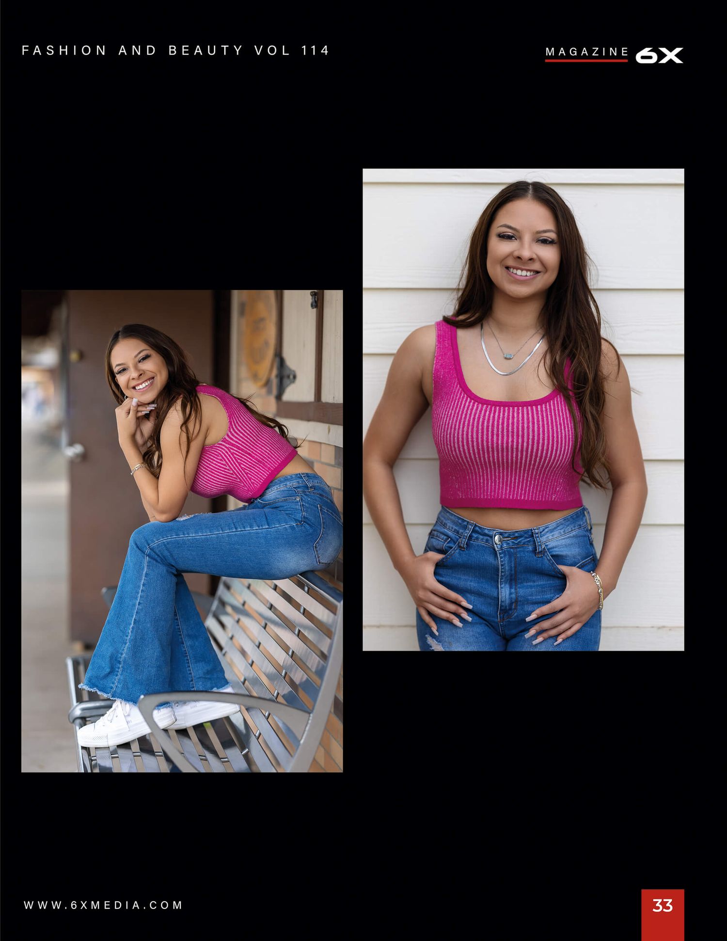 Smiling brunette in pink crop top and flared jeans for 6X Fashion Magazine.