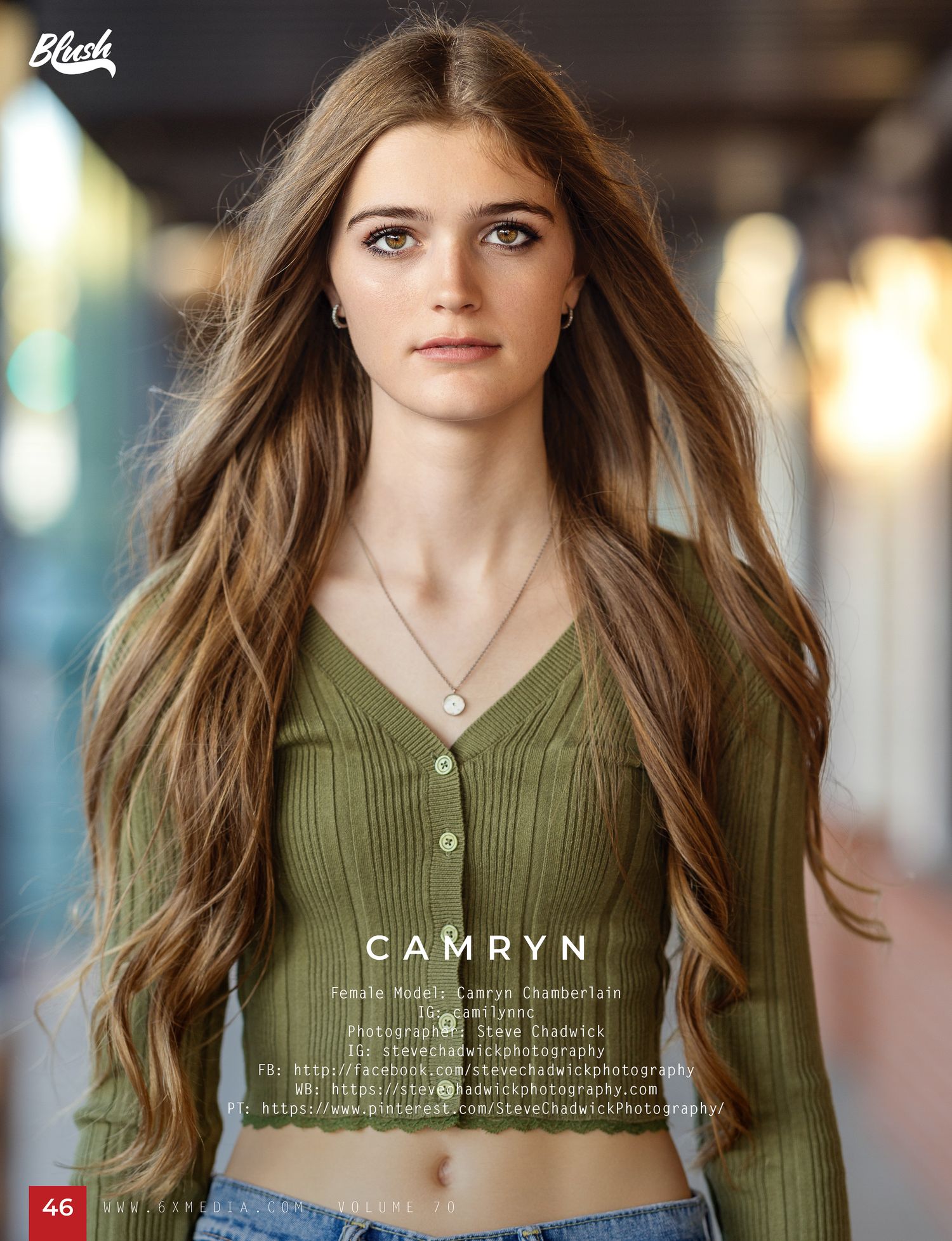Female model Camryn Chamberlain with long brown hair poses in a green top for Blast magazine feature.