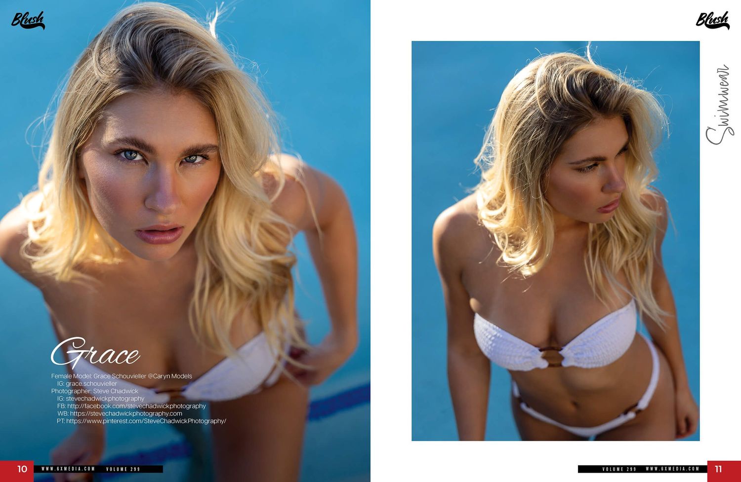 Blonde woman in white bikini top posing for a fashion magazine swimwear editorial shoot.