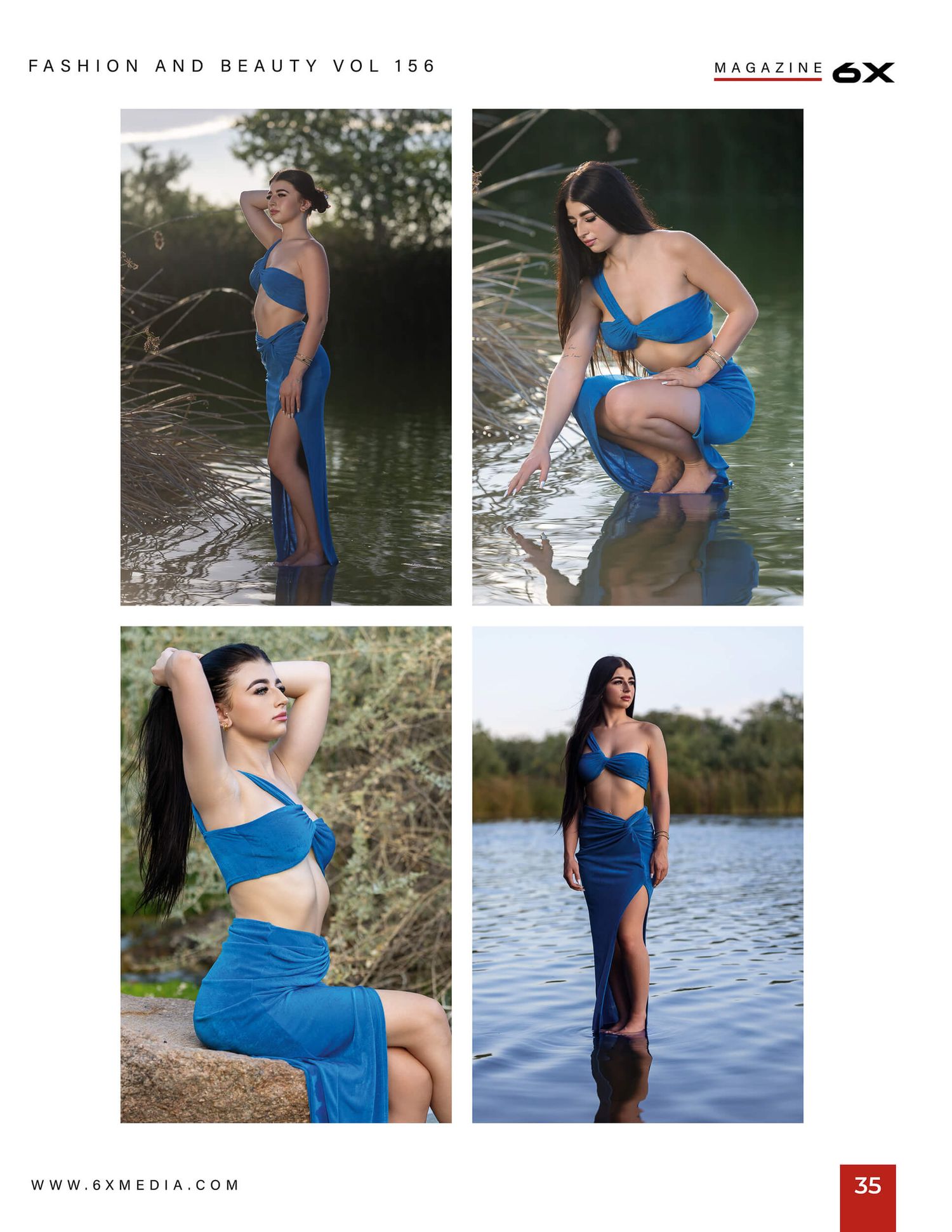Dark-haired model in blue cutout dress poses near lake for 6X Magazine fashion editorial spread.