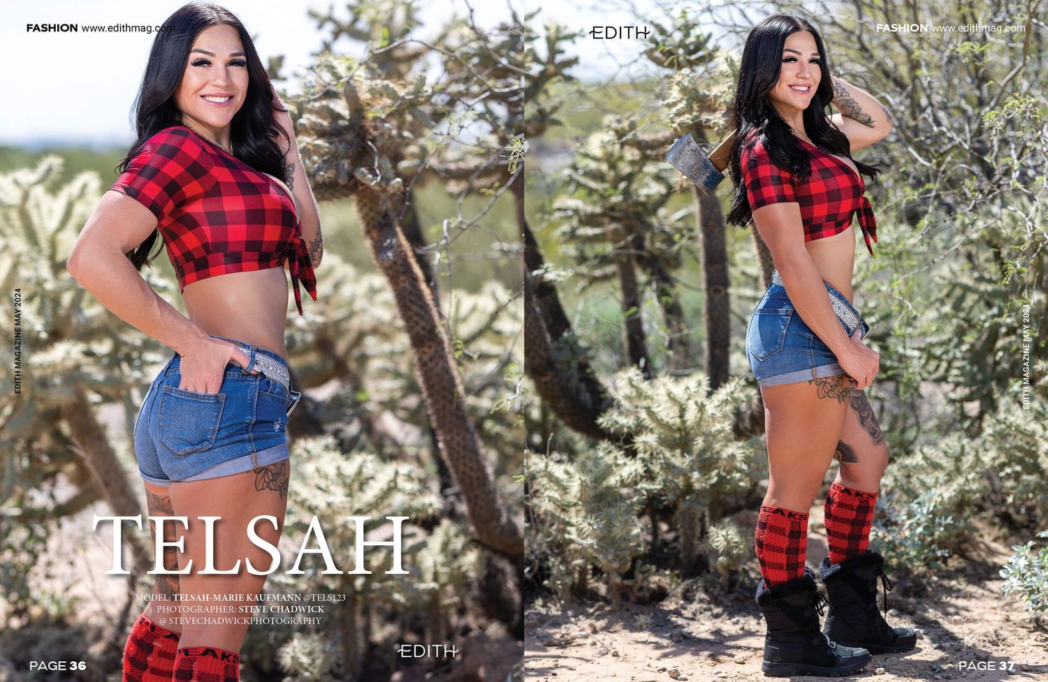 Woman in red plaid crop top and denim shorts in desert for Telsah fashion editorial.