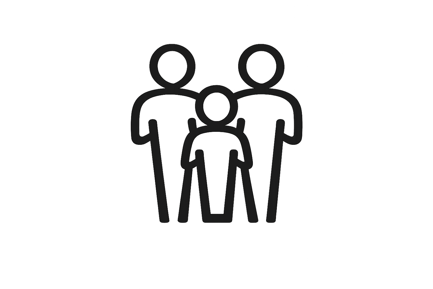 Black outline icon of a family with two adults and a child standing together.