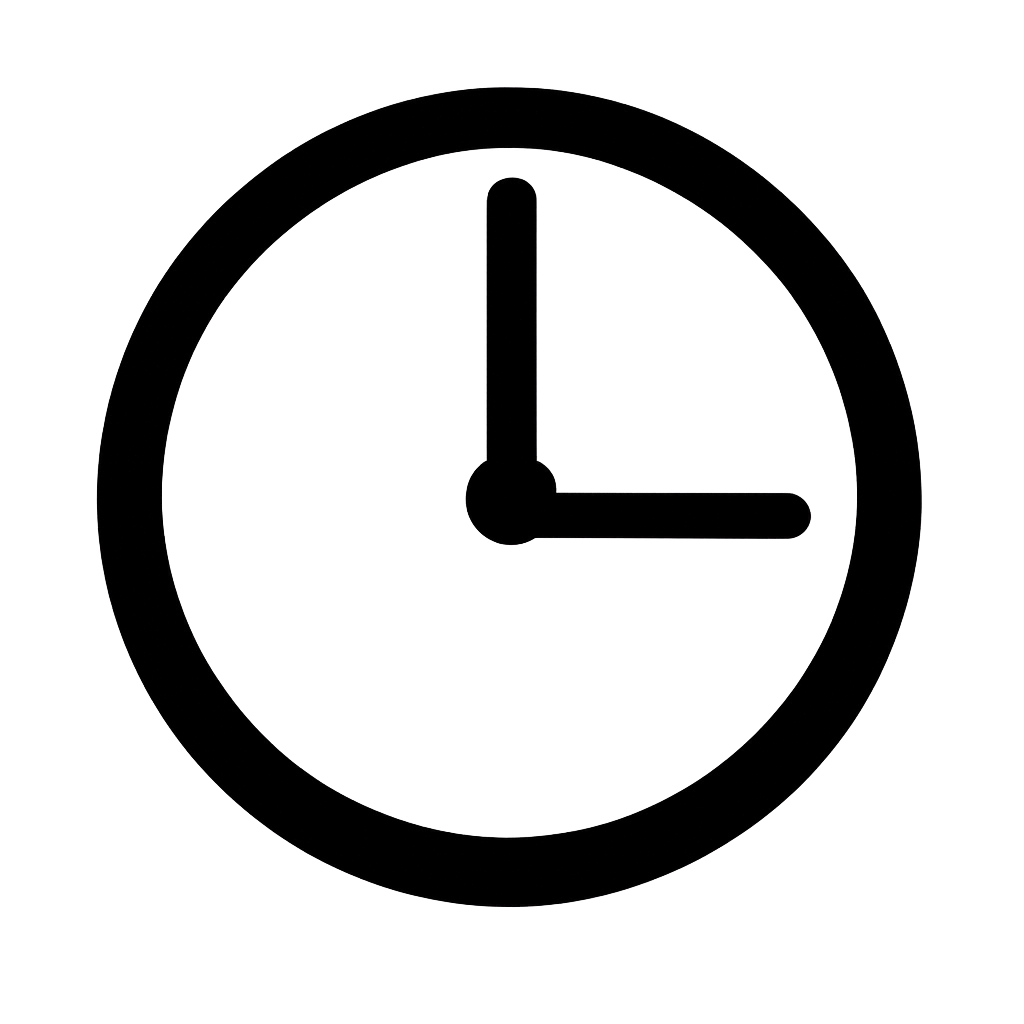 Black minimalist clock icon showing 3 o'clock time, simple bold circular design on white background.