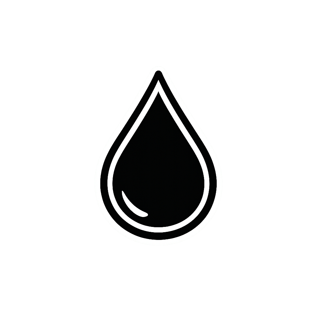 Black water drop icon with glossy highlight, minimalist liquid droplet symbol for hydration or fluid-related design.