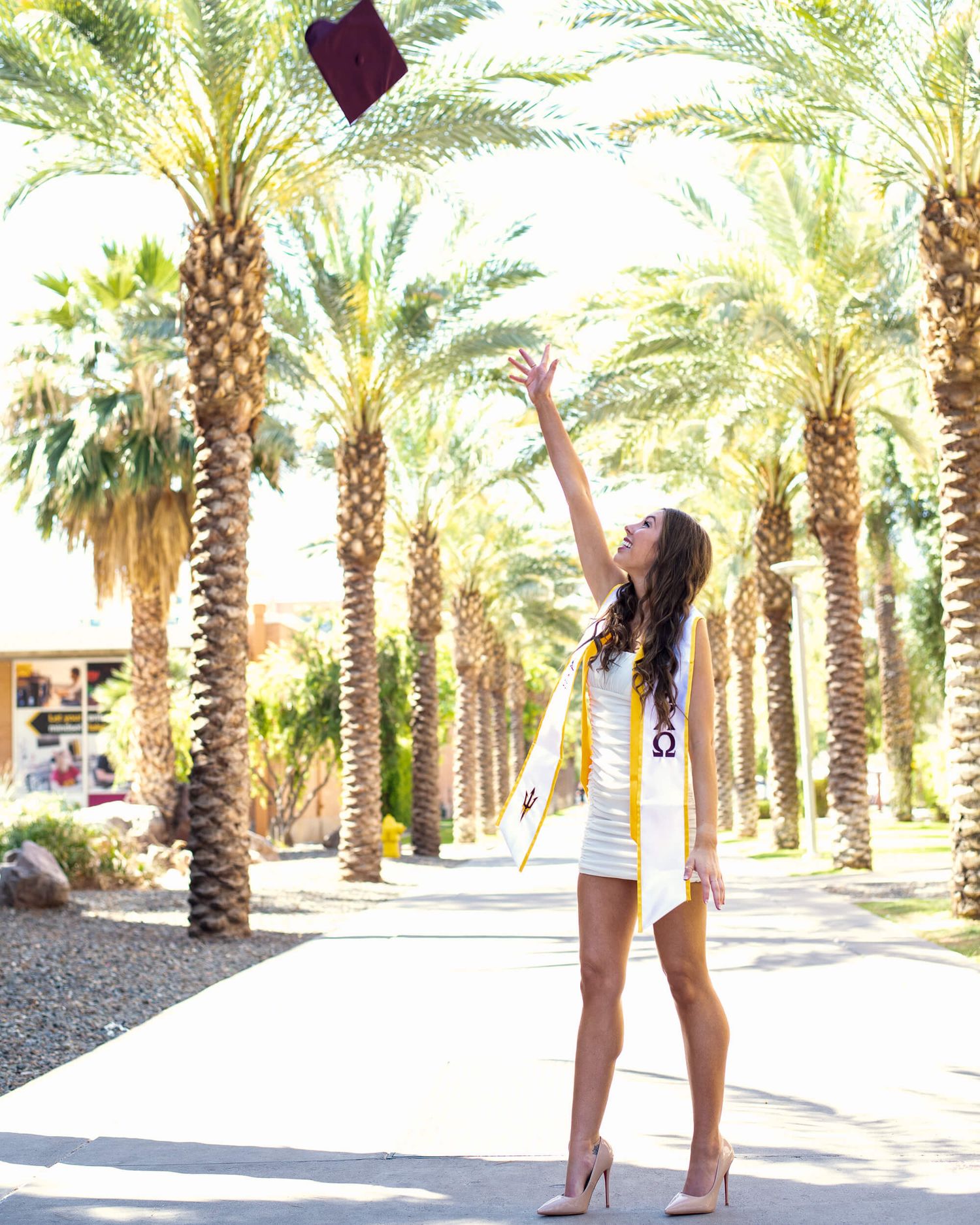 Graduate in white dress tossing cap into air along palm tree-lined walkway wearing sorority stole.