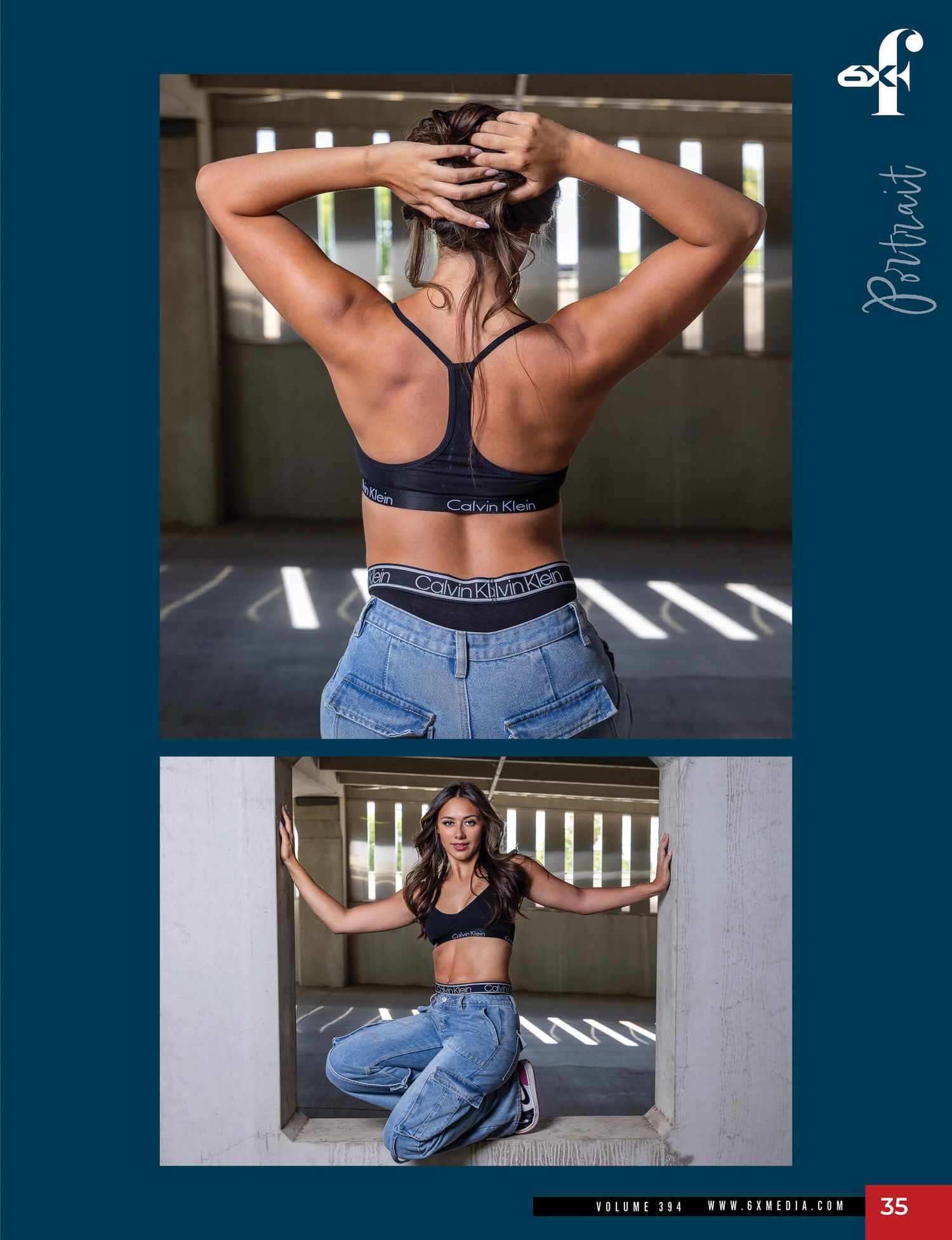 Woman in Calvin Klein sports bra and jeans posing in parking structure.
