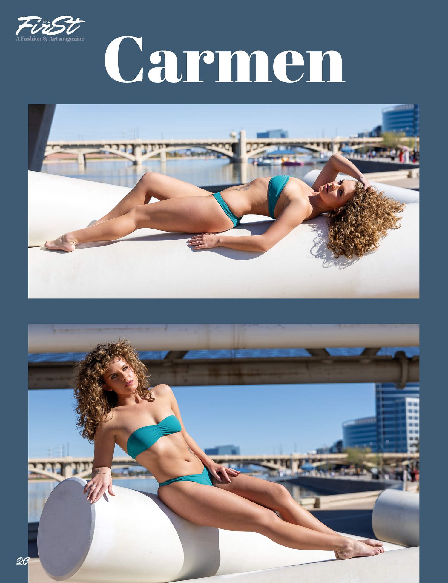 Curly-haired model named Carmen in teal bikini posing on white cylindrical structures near waterfront.