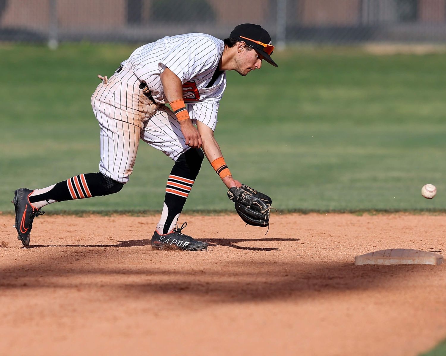 Baseball infielder in pinstripe uniform fields ground ball during competitive game.