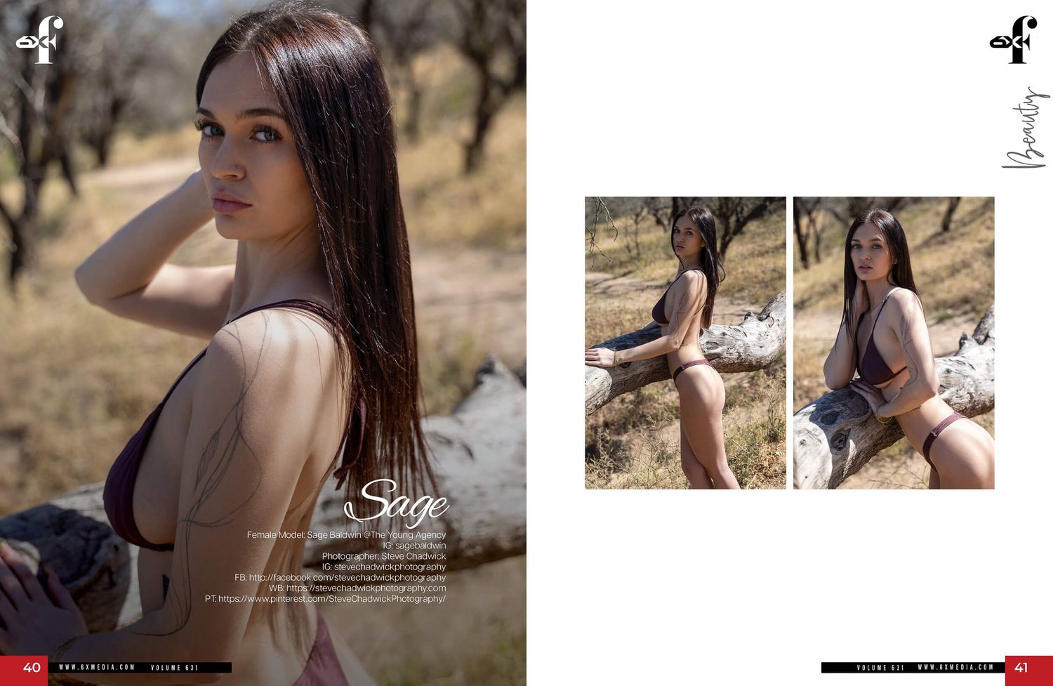 Young woman named Sage poses outdoors in a purple top among rocky terrain in a fashion magazine editorial spread.
