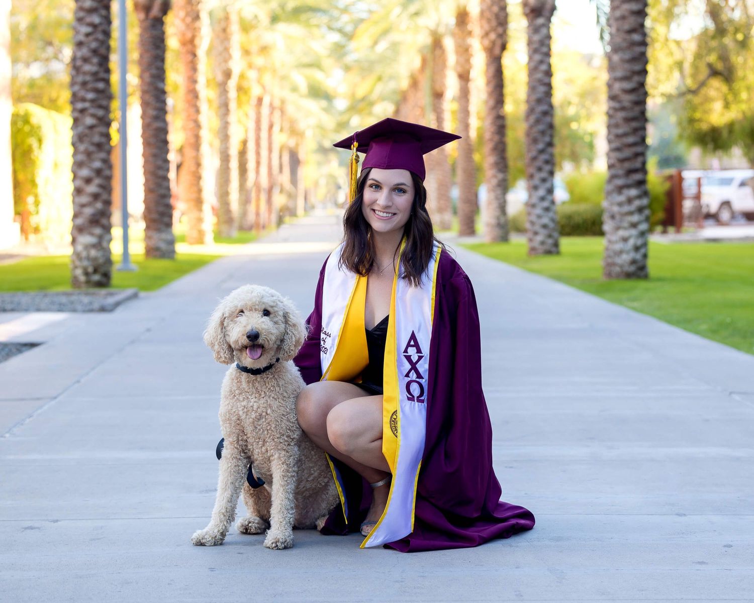 Smiling graduate in maroon cap and gown kneeling beside golden doodle dog with palm trees background.