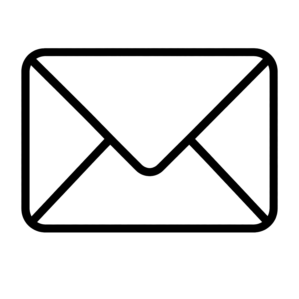 Black and white envelope icon with bold outline, representing email or mail communication on a white background.