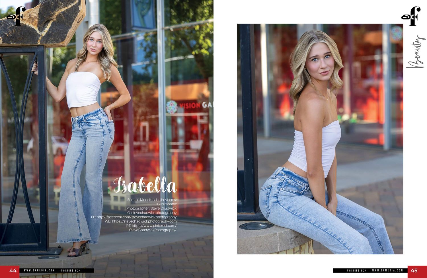 Young blonde woman named Isabella poses in light wash flared jeans and white crop top in an outdoor urban setting.