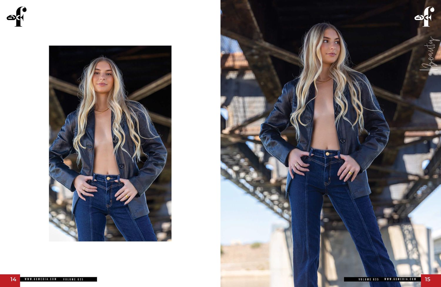 Woman in open denim jacket and jeans posing under a bridge structure in a fashion editorial shoot.