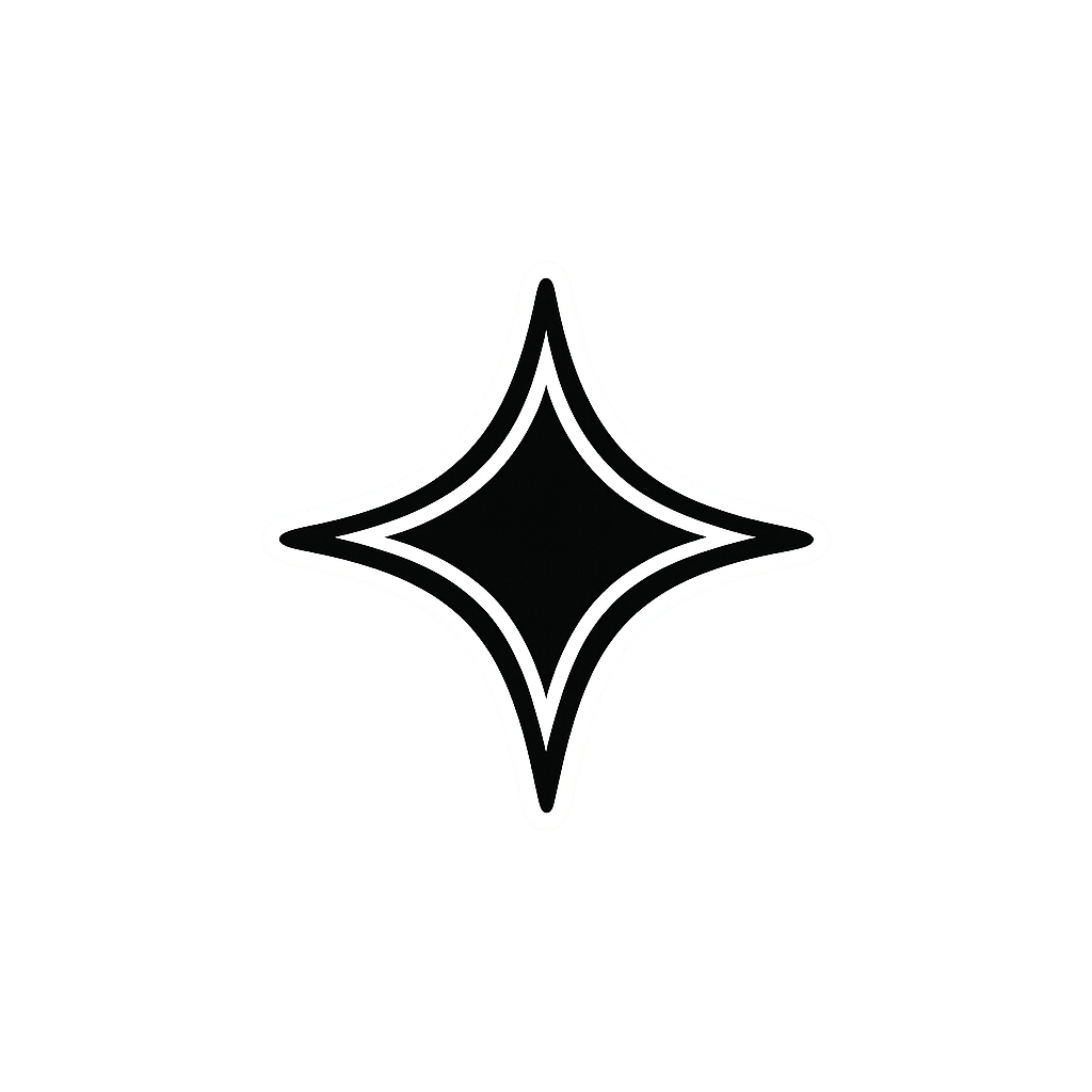 Black four-pointed star sparkle icon with elegant curved points on white background.