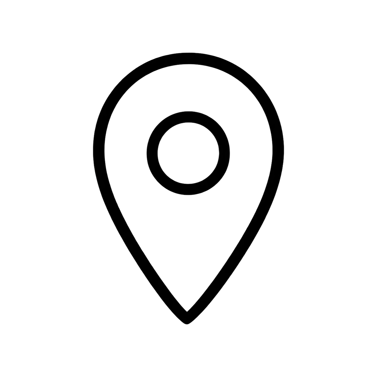 Black outline location pin map marker icon with circle center on white background.
