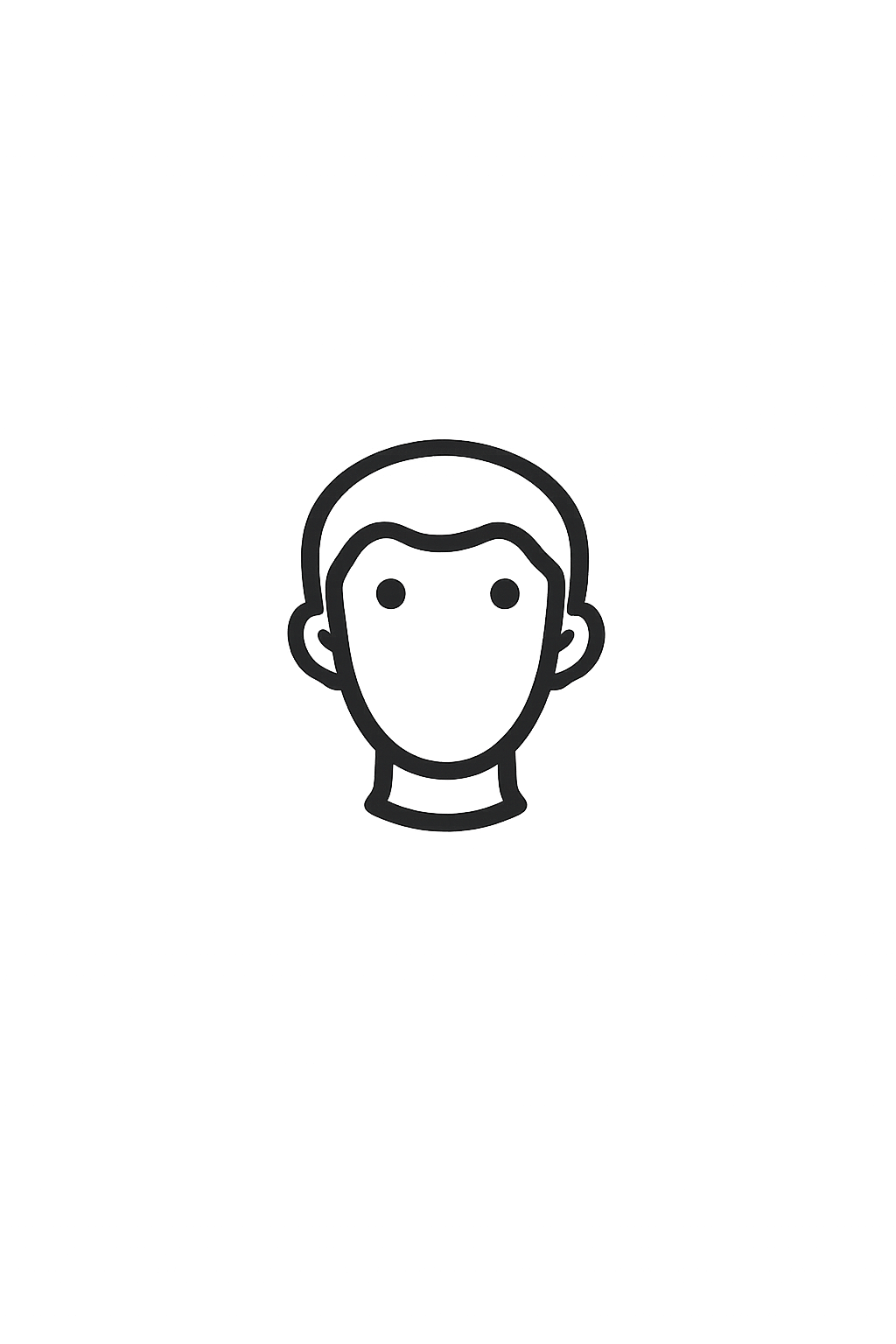 Simple black and white line art icon of a human face with short hair and small ears on white background.
