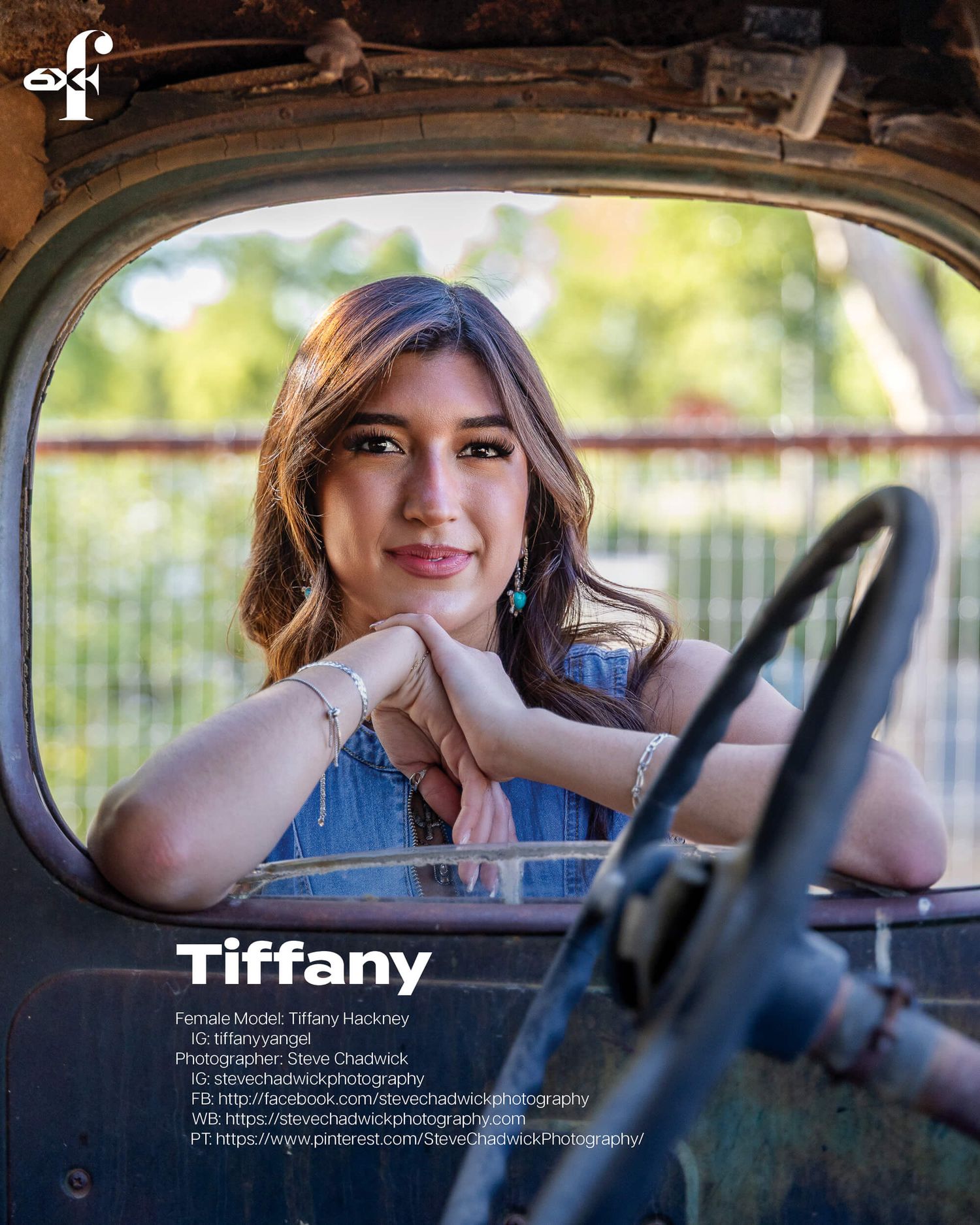 Female model Tiffany Hackney posing in vintage truck for fashion magazine shoot.